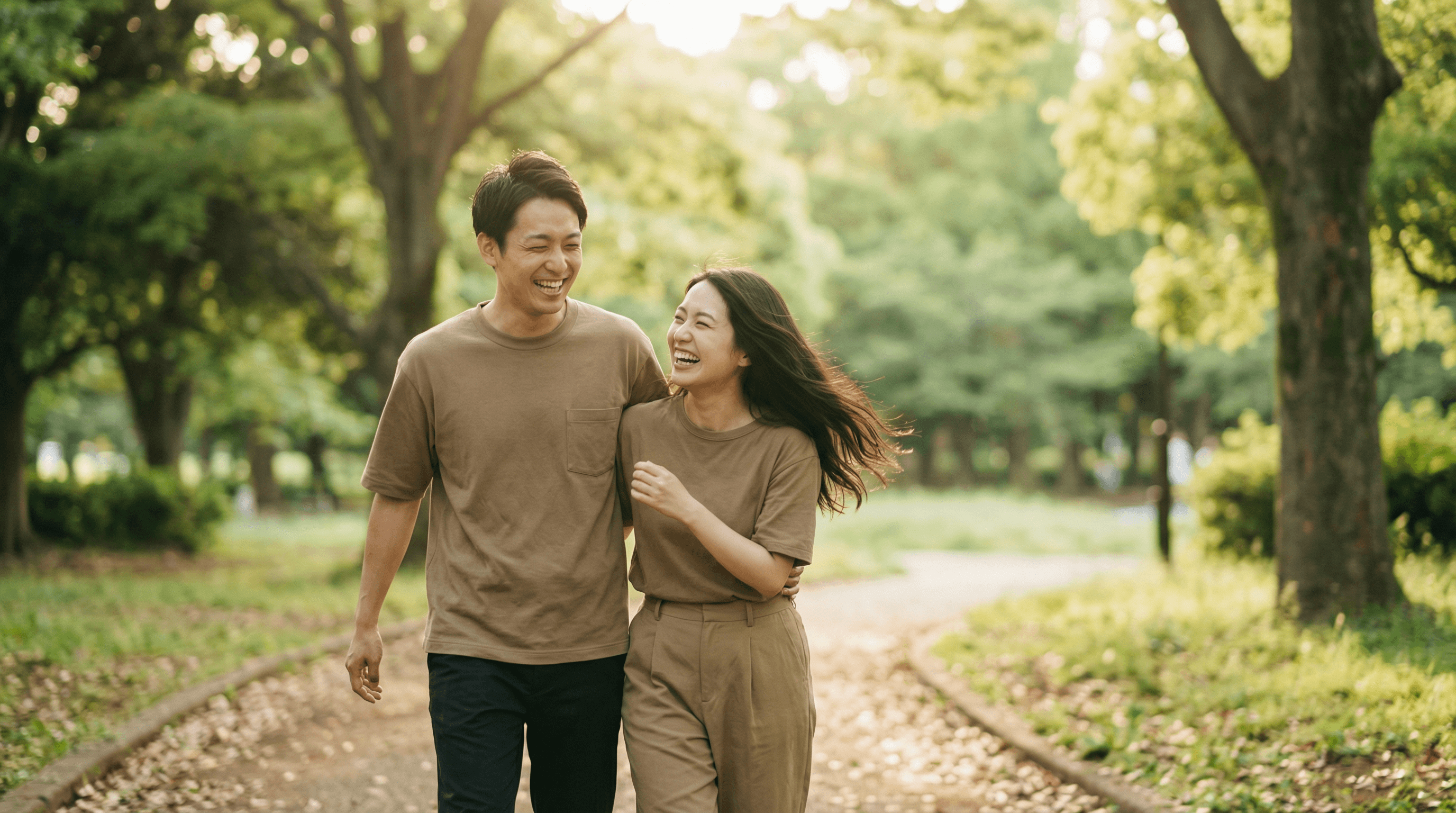 屋外で風になびく髪や、歩きながら談笑する自然な瞬間の切り取り写真